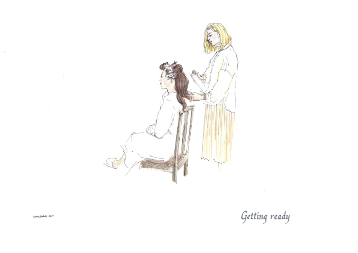 drawing of bride getting ready
